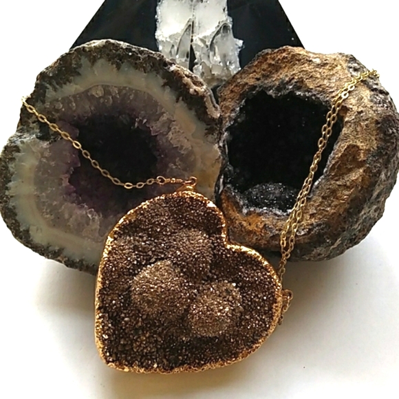 VTG EST. 18K /STERLING SILVER Vermeil NATURAL Druzy Heart Pendant Necklace 440ct - Picture 2 of 16